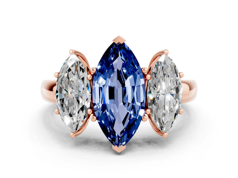 Rose gold Marquise Cut Blue Sapphire Three-Stone Ring with Four-Prong Setting and Classic Band