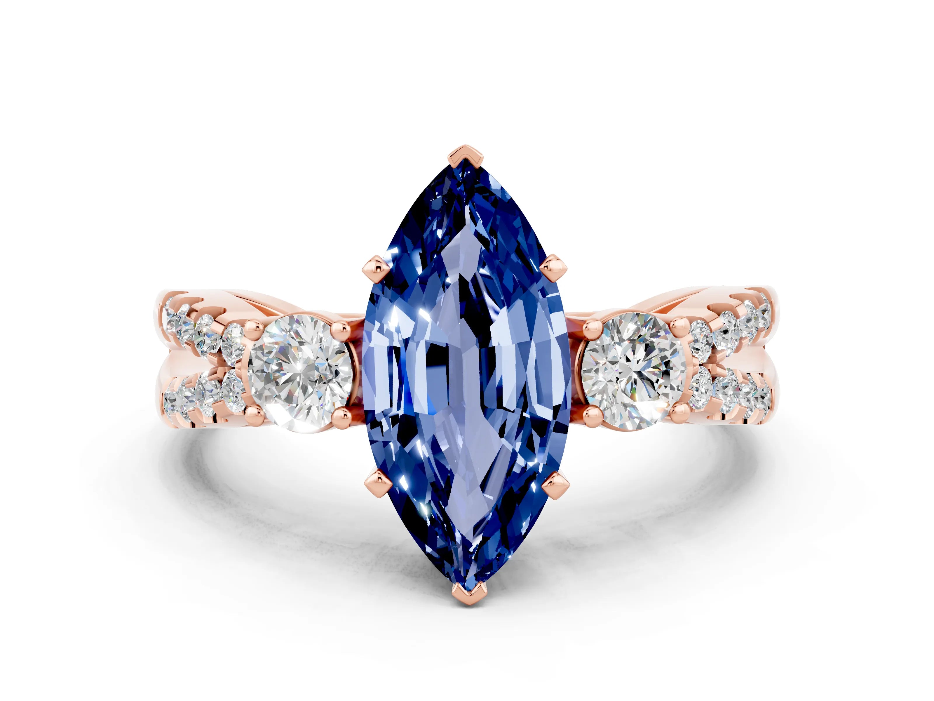 Rose gold Marquise Cut Blue Sapphire Three-Stone Ring with Pavé Split Shank and Four-Prong Setting_12