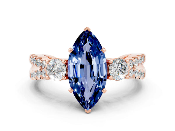 Rose gold Marquise Cut Blue Sapphire Three-Stone Ring with Pavé Split Shank and Four-Prong Setting
