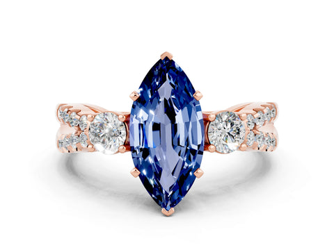 Rose gold Marquise Cut Blue Sapphire Three-Stone Ring with Pavé Split Shank and Four-Prong Setting_12