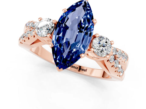 Rose gold Marquise Cut Blue Sapphire Three-Stone Ring with Pavé Split Shank and Four-Prong Setting_13
