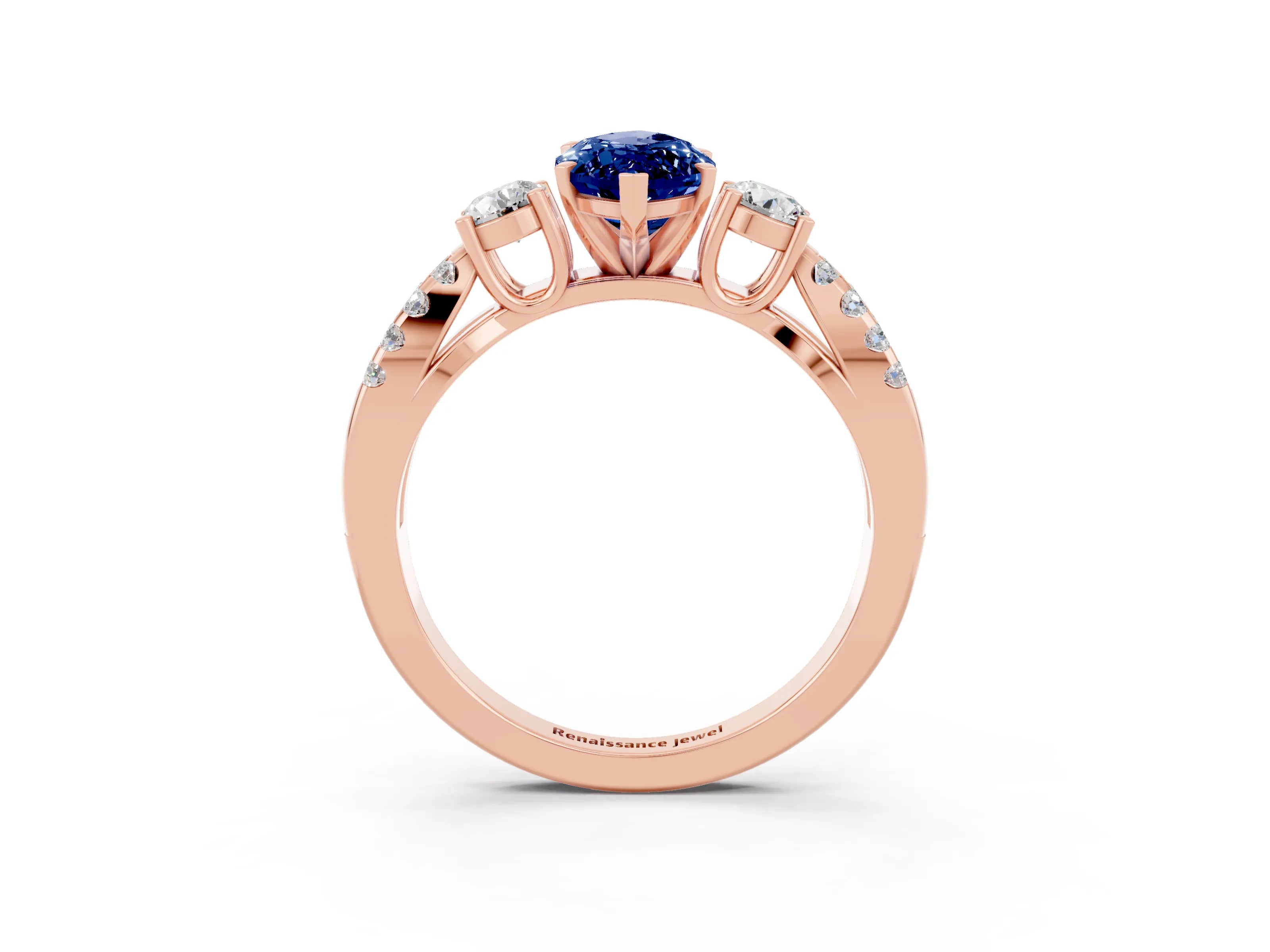 Rose gold Marquise Cut Blue Sapphire Three-Stone Ring with Pavé Split Shank and Four-Prong Setting_15