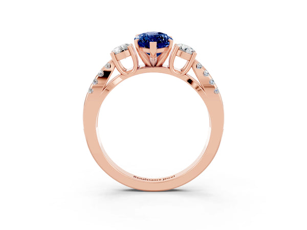 Rose gold Marquise Cut Blue Sapphire Three-Stone Ring with Pavé Split Shank and Four-Prong Setting