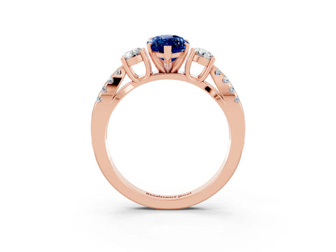 Rose gold Marquise Cut Blue Sapphire Three-Stone Ring with Pavé Split Shank and Four-Prong Setting_15