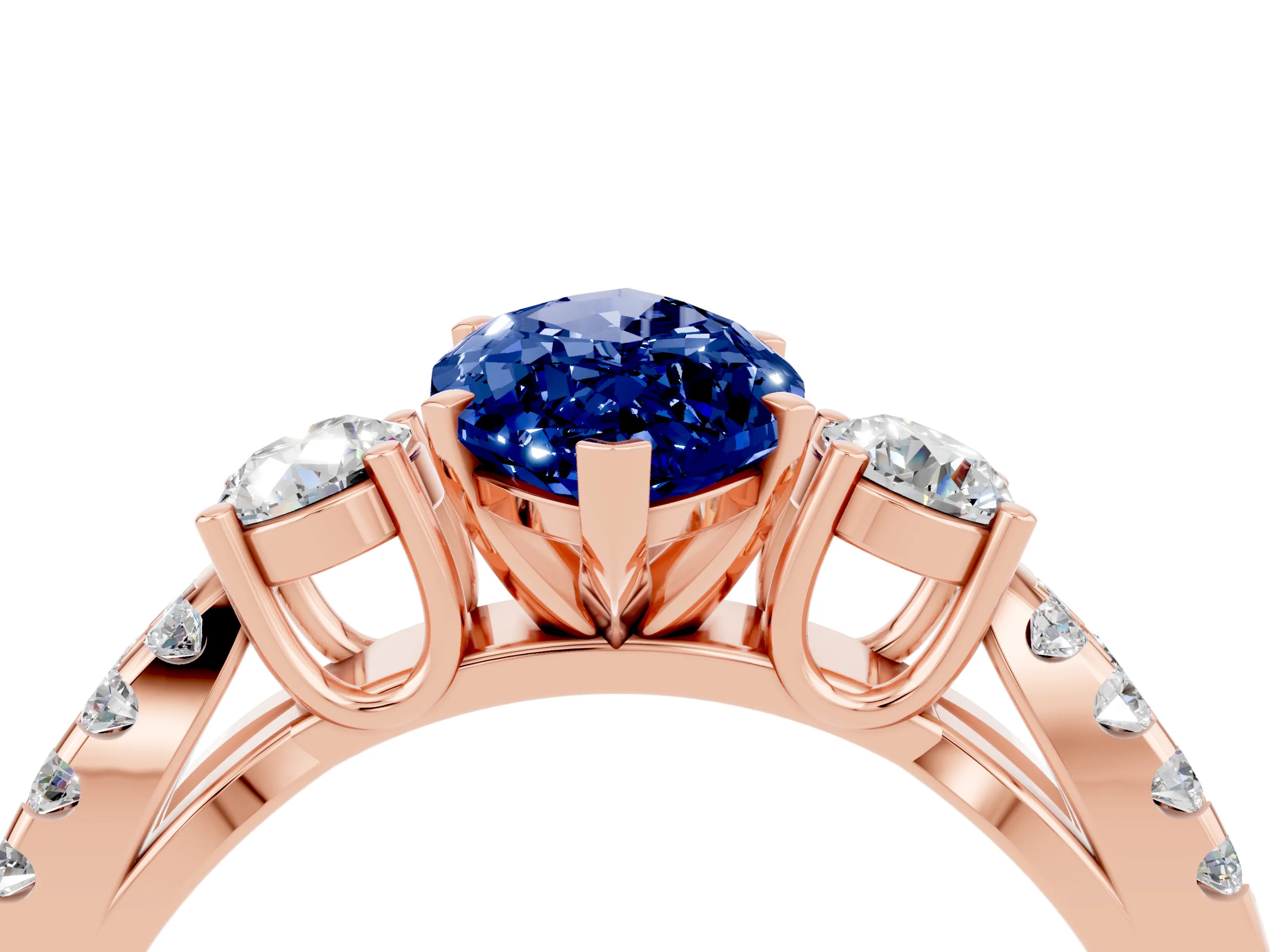 Rose gold Marquise Cut Blue Sapphire Three-Stone Ring with Pavé Split Shank and Four-Prong Setting_16