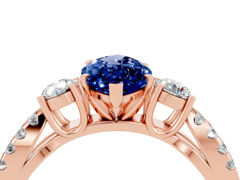 Rose gold Marquise Cut Blue Sapphire Three-Stone Ring with Pavé Split Shank and Four-Prong Setting_16