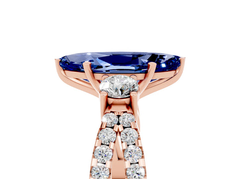 Rose gold Marquise Cut Blue Sapphire Three-Stone Ring with Pavé Split Shank and Four-Prong Setting_17