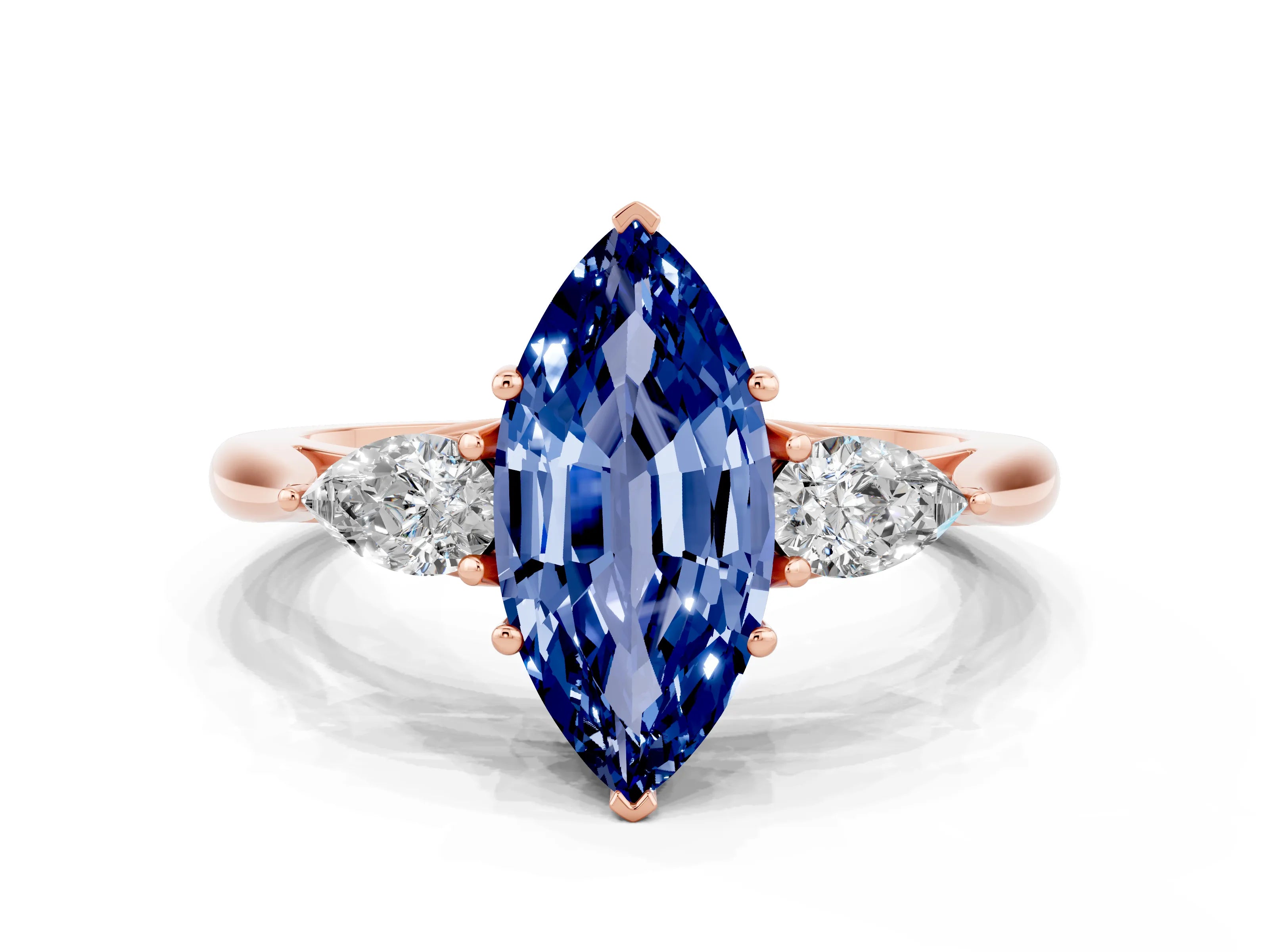 Rose gold Marquise Cut Blue Sapphire Three-Stone Ring with Pear Side Stones and Four-Prong Setting_12
