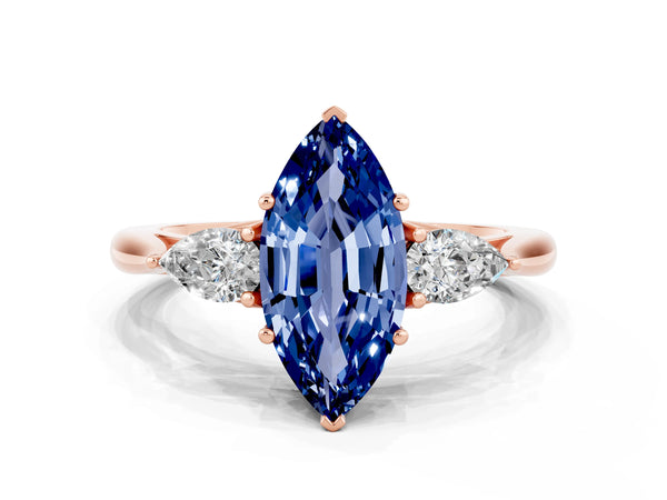 Rose gold Marquise Cut Blue Sapphire Three-Stone Ring with Pear  Side Stones and Prong Setting
