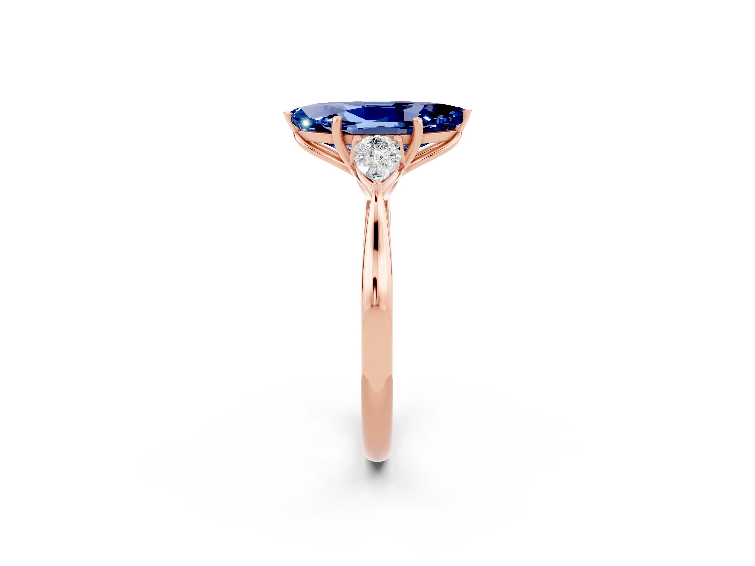 Rose gold Marquise Cut Blue Sapphire Three-Stone Ring with Pear Side Stones and Four-Prong Setting_14