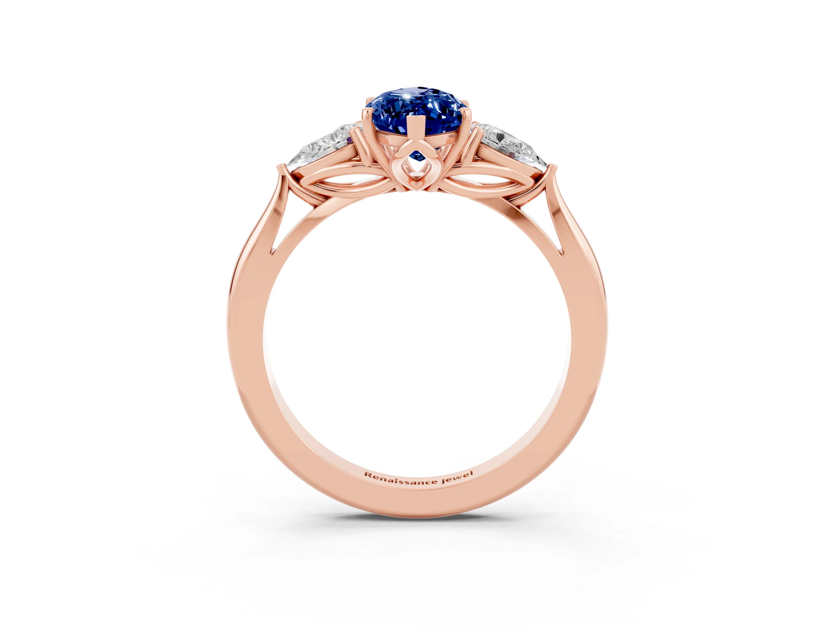 Rose gold Marquise Cut Blue Sapphire Three-Stone Ring with Pear Side Stones and Four-Prong Setting_15