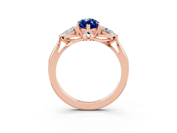 Rose gold Marquise Cut Blue Sapphire Three-Stone Ring with Pear  Side Stones and Prong Setting