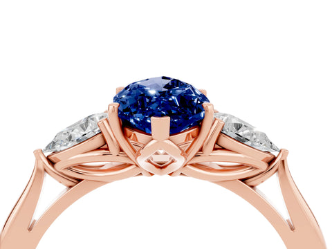 Rose gold Marquise Cut Blue Sapphire Three-Stone Ring with Pear Side Stones and Four-Prong Setting_16