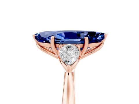 Rose gold Marquise Cut Blue Sapphire Three-Stone Ring with Pear Side Stones and Four-Prong Setting_17