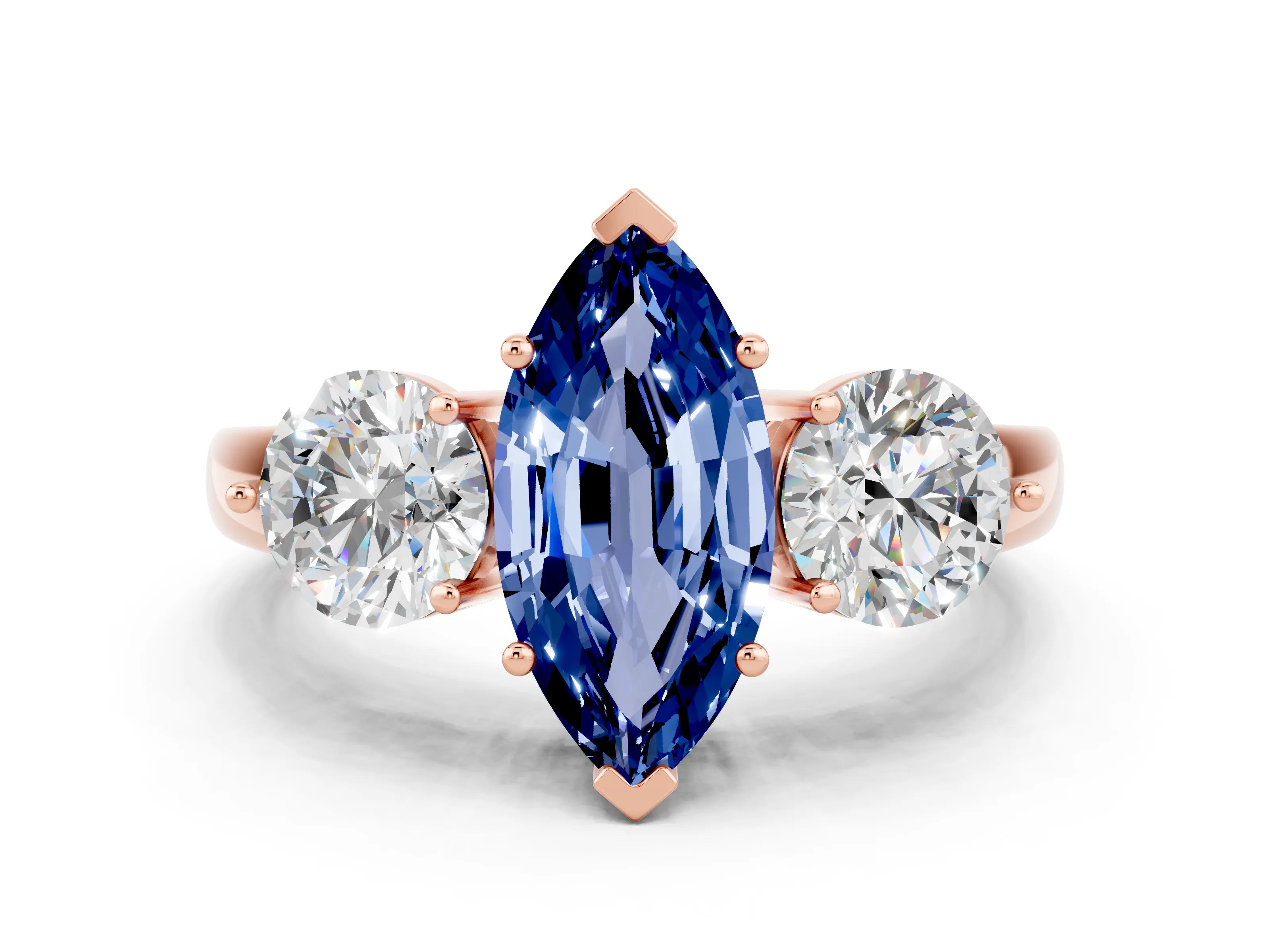 Rose gold Marquise Cut Blue Sapphire Three-Stone Ring with Prong Setting and Classic Band