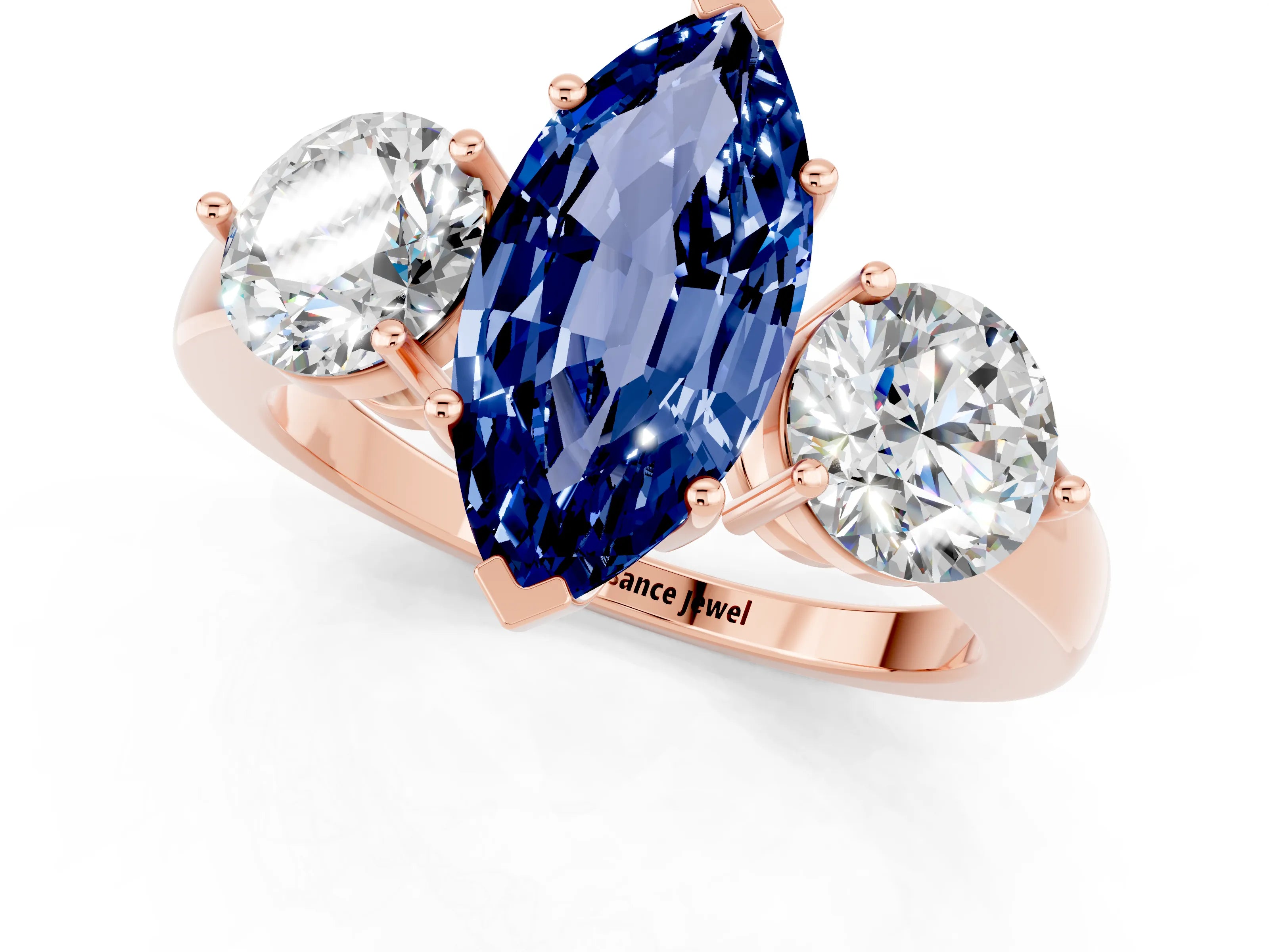 Rose gold Marquise Cut Blue Sapphire Three-Stone Ring with Prong Setting and Classic Band_1
