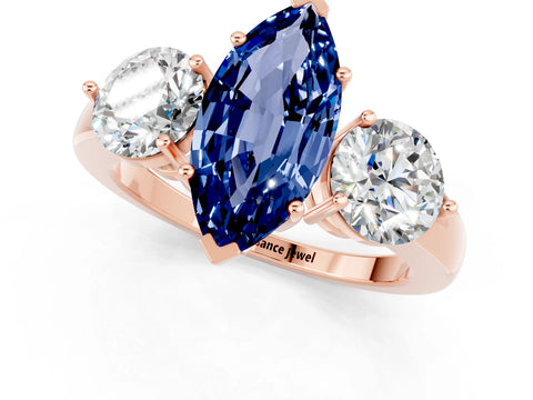 Rose gold Marquise Cut Blue Sapphire Three-Stone Ring with Prong Setting and Classic Band_1