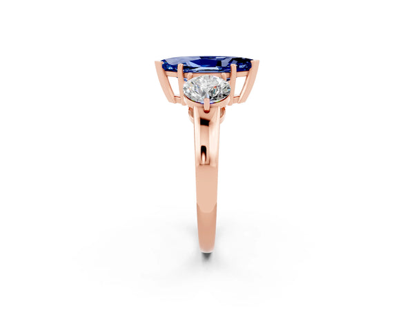 Rose gold Marquise Cut Blue Sapphire Three-Stone Ring with Prong Setting and Classic Band