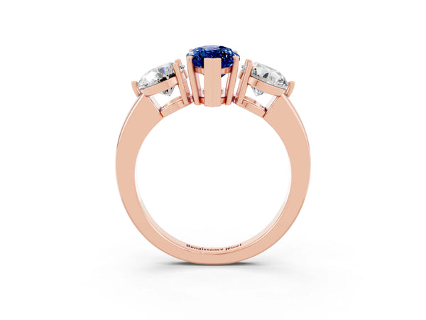 Rose gold Marquise Cut Blue Sapphire Three-Stone Ring with Prong Setting and Classic Band
