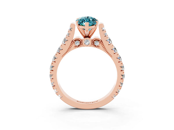 Rose gold Marquise Cut Blue Topaz Classic Solitaire Ring with Pavé Band and Four-Prong Setting