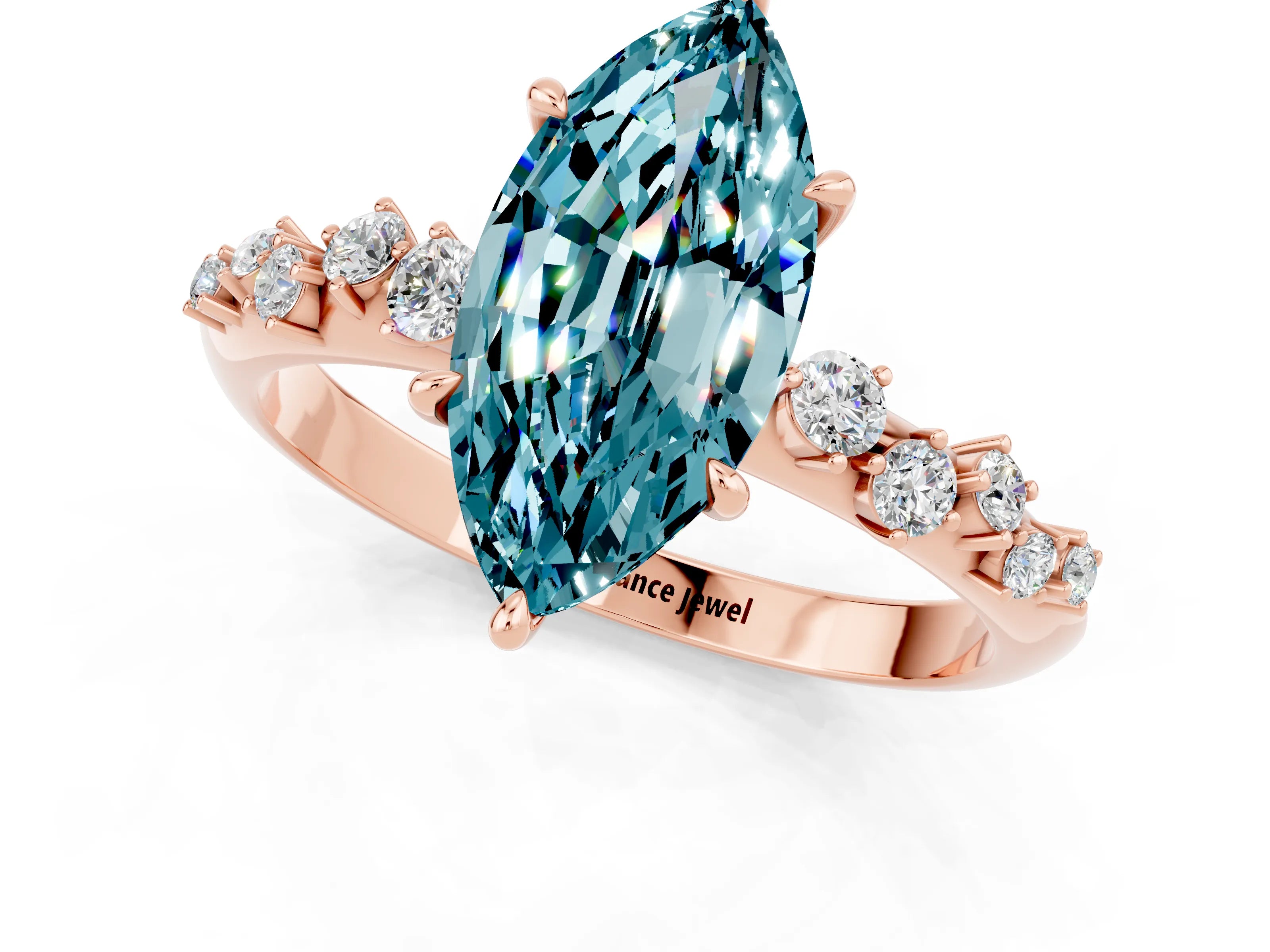 Rose gold Marquise Cut Blue Topaz Cluster Side Stone Solitaire Ring with Prong Setting_25