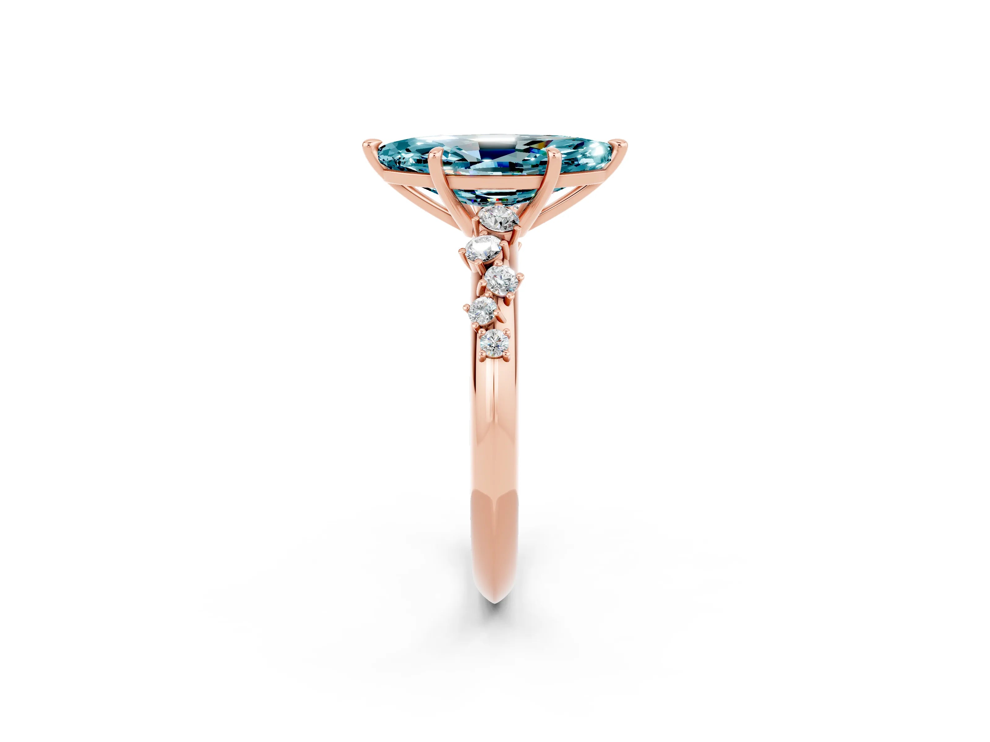 Rose gold Marquise Cut Blue Topaz Cluster Side Stone Solitaire Ring with Prong Setting_26
