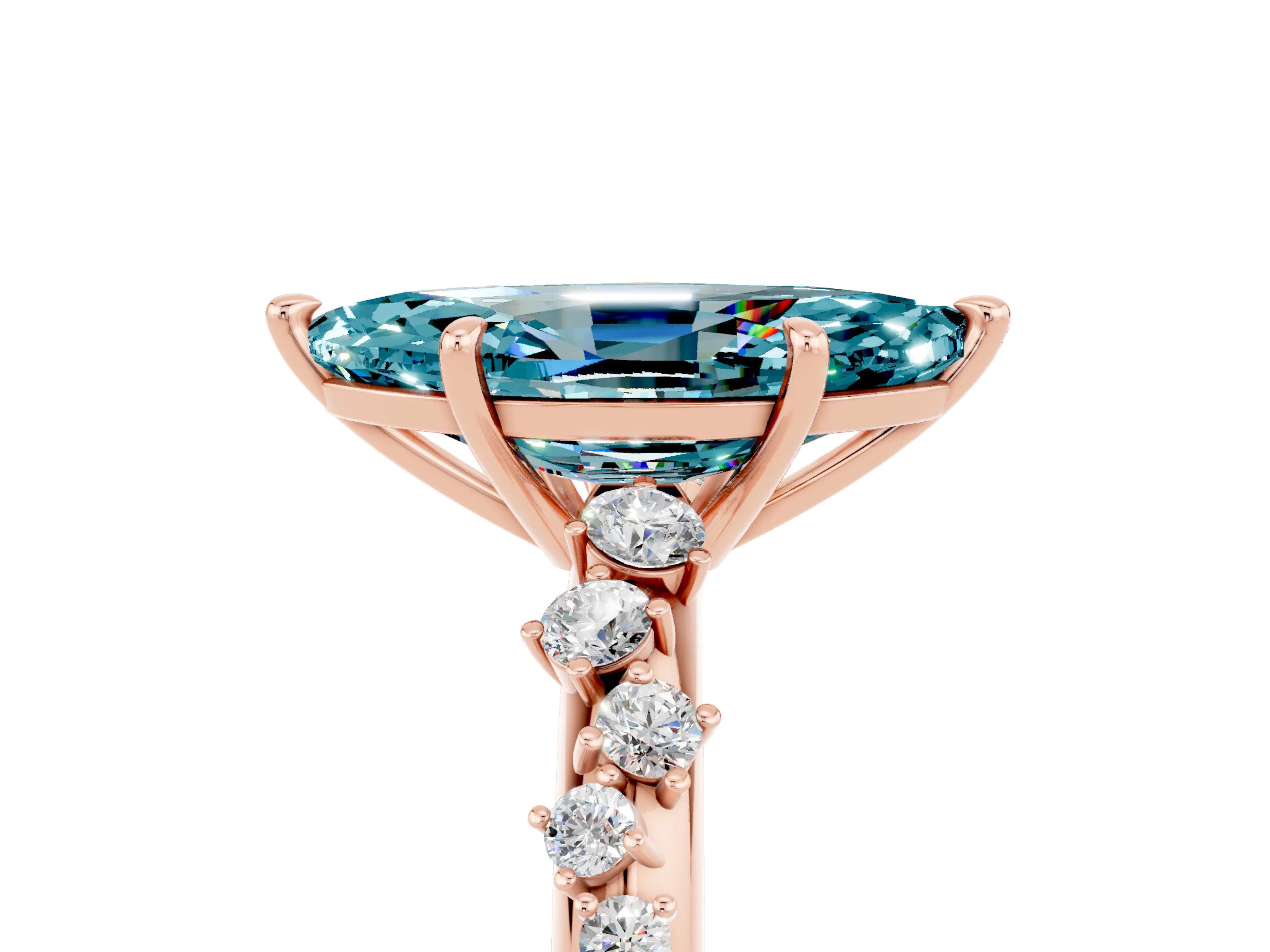 Rose gold Marquise Cut Blue Topaz Cluster Side Stone Solitaire Ring with Prong Setting_29