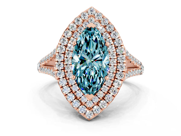 Rose gold Marquise Cut Blue Topaz Double Halo Ring with Pavé Band and Prong Setting