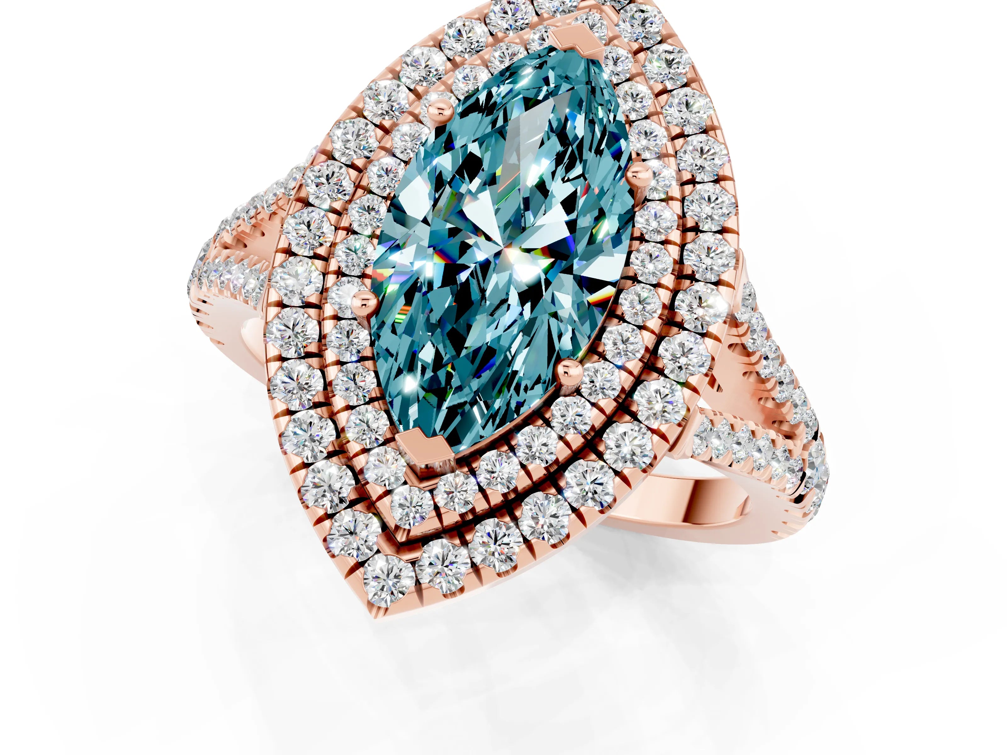 Rose gold Marquise Cut Blue Topaz Double Halo Ring with Pavé Band and Prong Setting_13