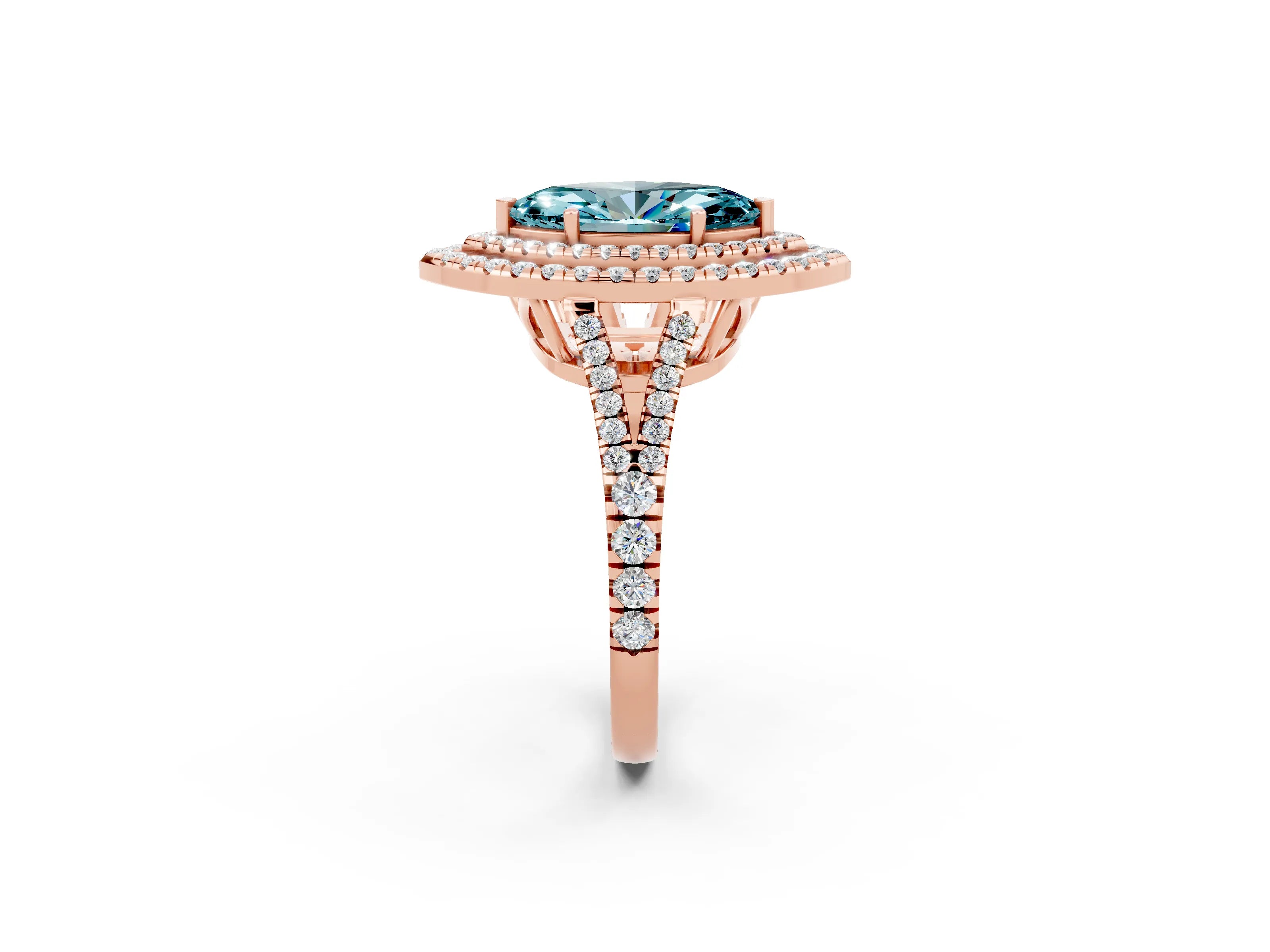 Rose gold Marquise Cut Blue Topaz Double Halo Ring with Pavé Band and Prong Setting_14