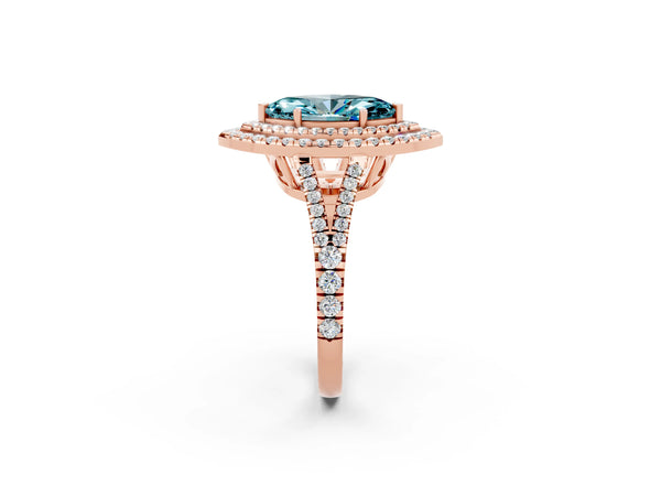 Rose gold Marquise Cut Blue Topaz Double Halo Ring with Pavé Band and Prong Setting