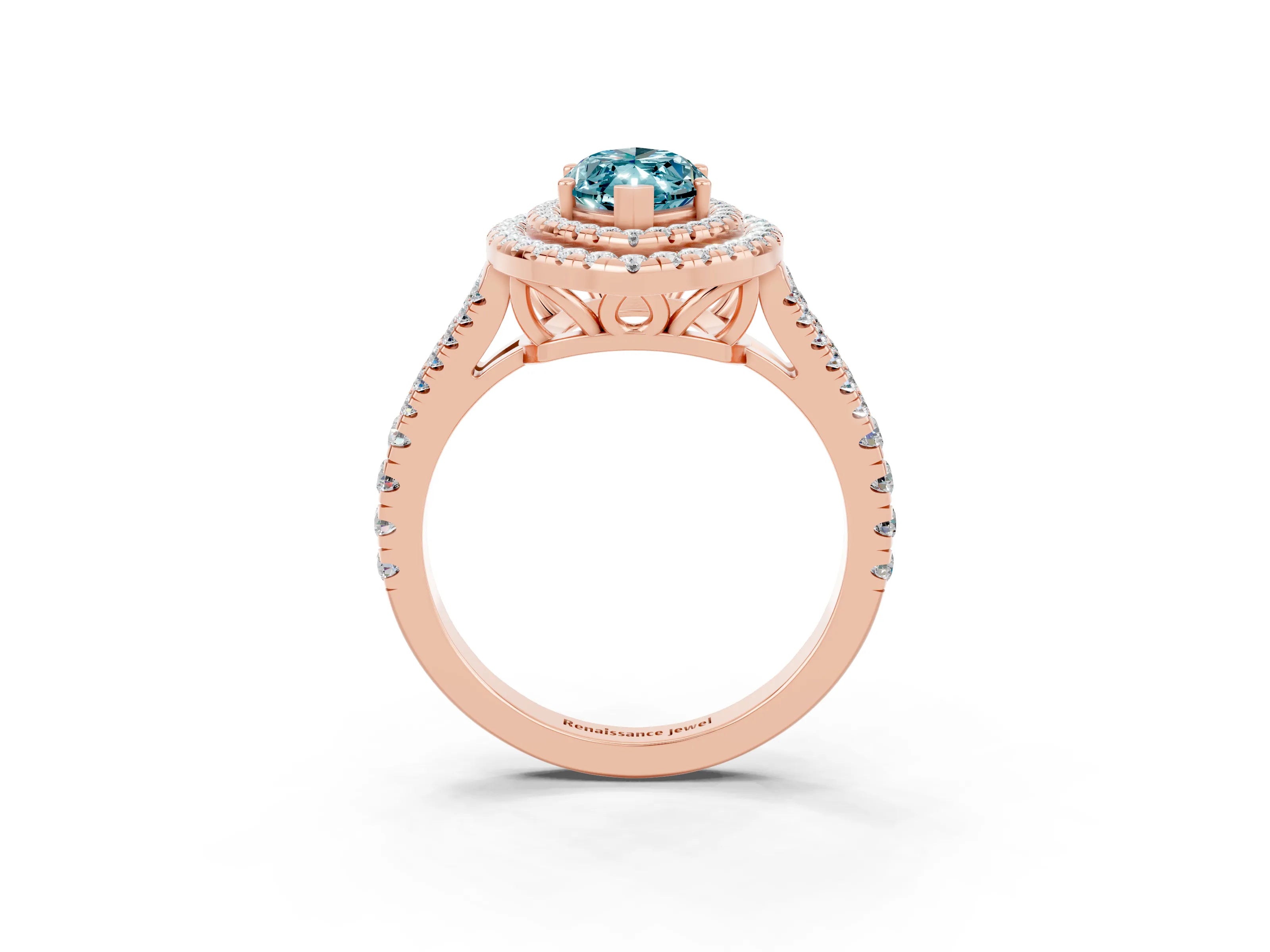 Rose gold Marquise Cut Blue Topaz Double Halo Ring with Pavé Band and Prong Setting_15