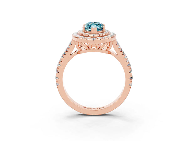 Rose gold Marquise Cut Blue Topaz Double Halo Ring with Pavé Band and Prong Setting