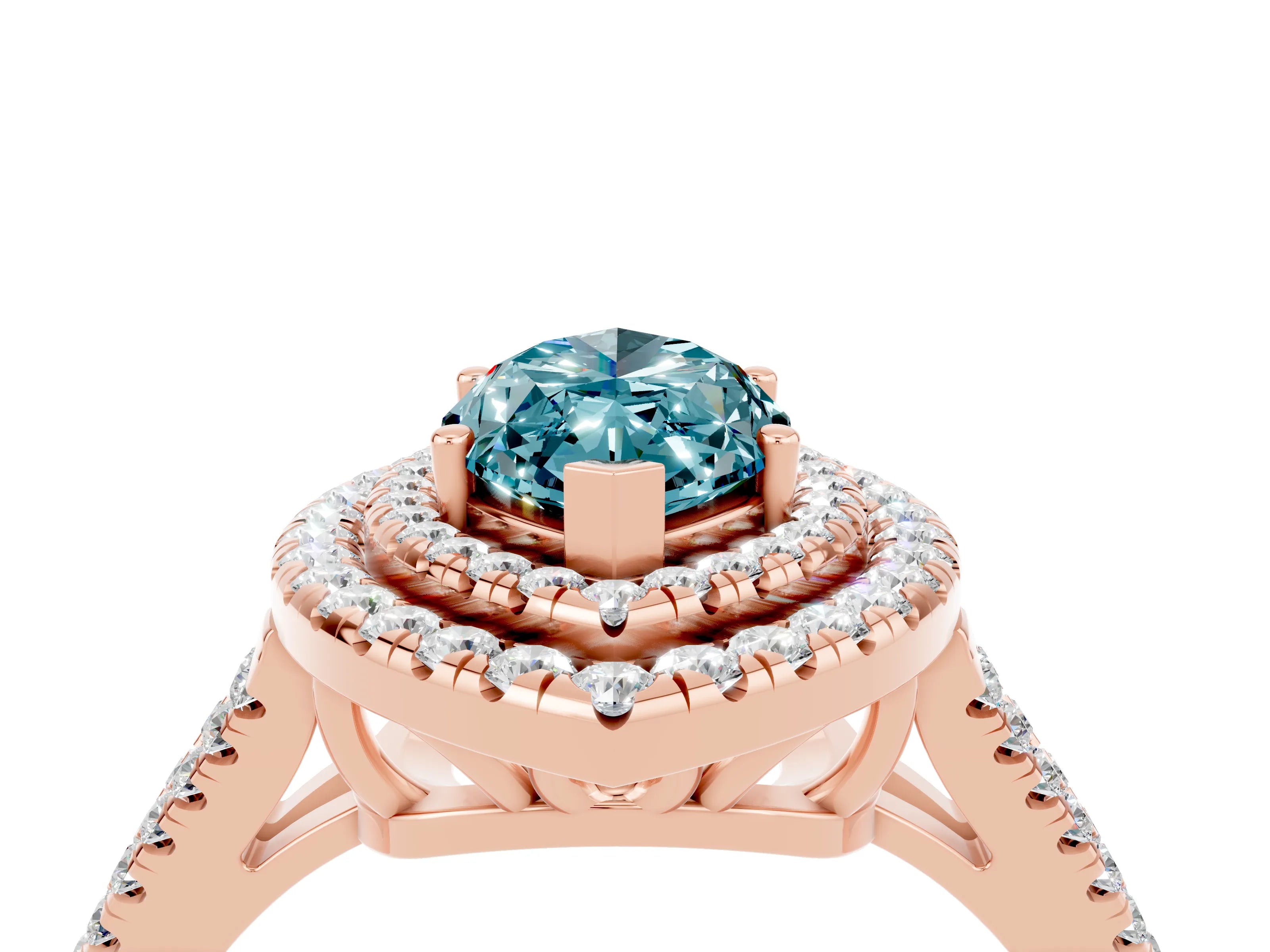 Rose gold Marquise Cut Blue Topaz Double Halo Ring with Pavé Band and Prong Setting_16