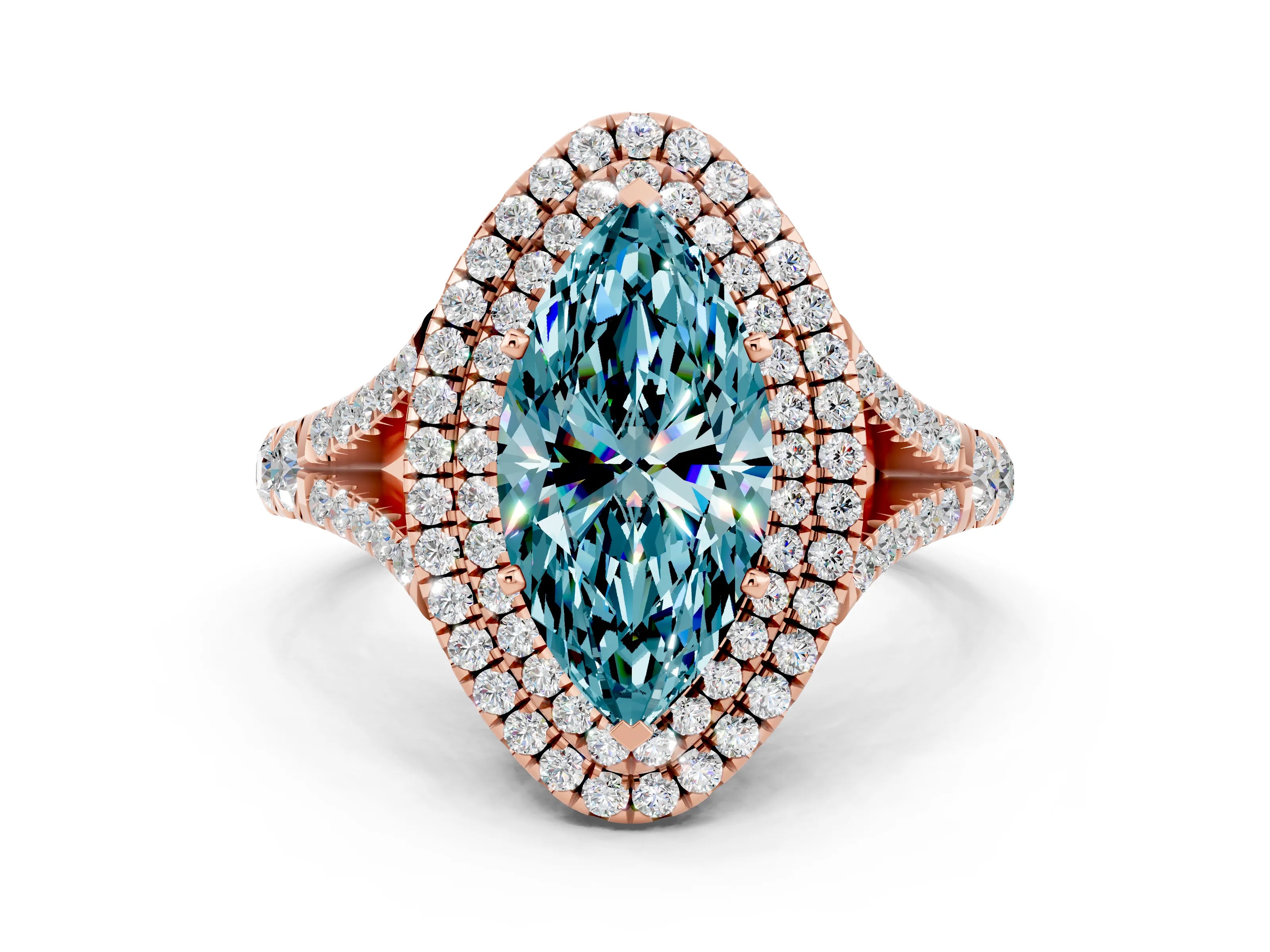 Rose gold Marquise Cut Blue Topaz Double Halo Ring with Split Shank and Prong Setting_12