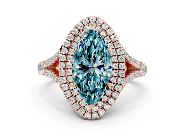 Rose gold Marquise Cut Blue Topaz Double Halo Ring with Split Shank and Prong Setting