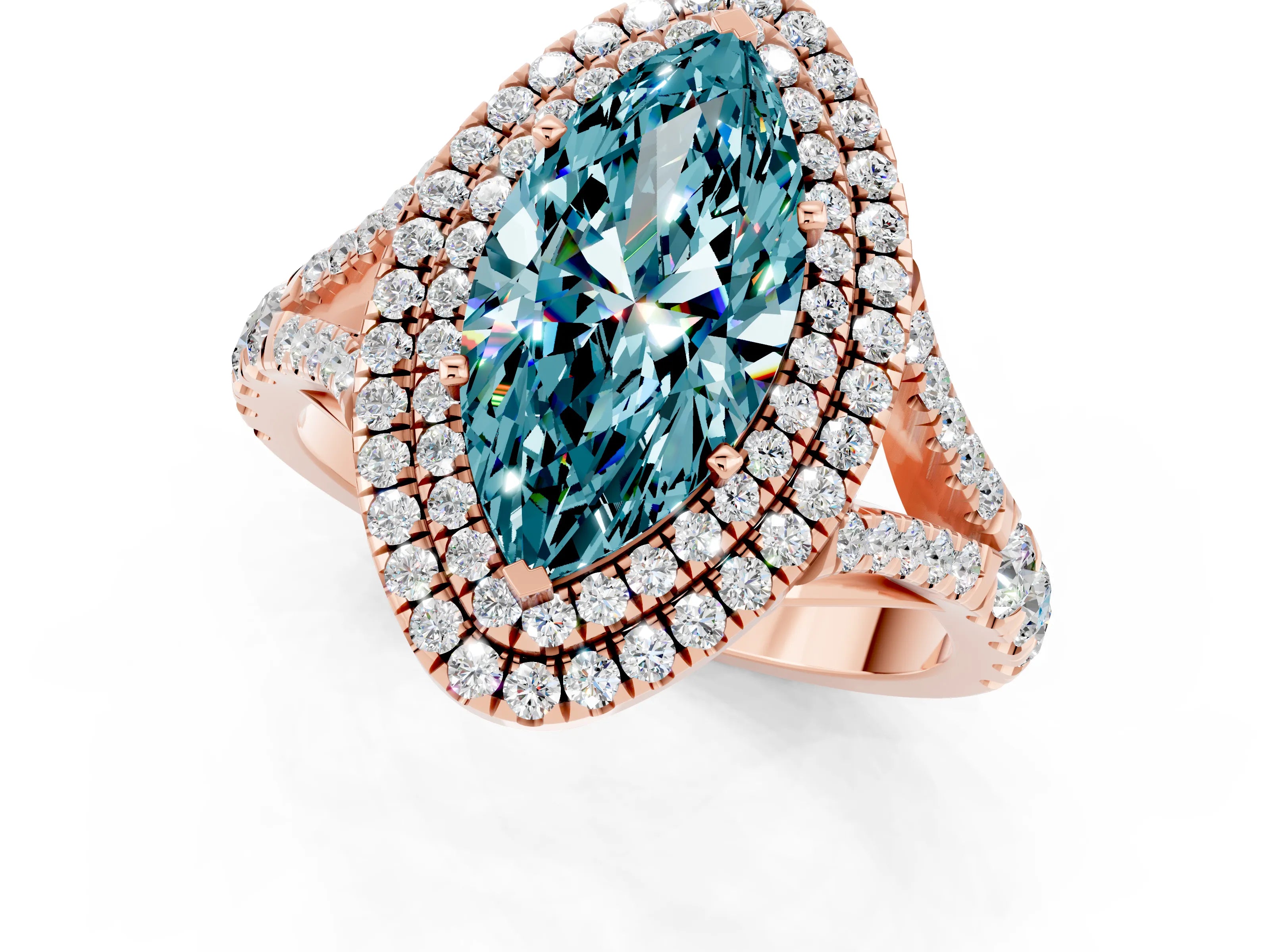 Rose gold Marquise Cut Blue Topaz Double Halo Ring with Split Shank and Prong Setting_13