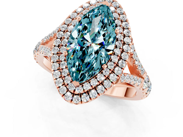 Rose gold Marquise Cut Blue Topaz Double Halo Ring with Split Shank and Prong Setting