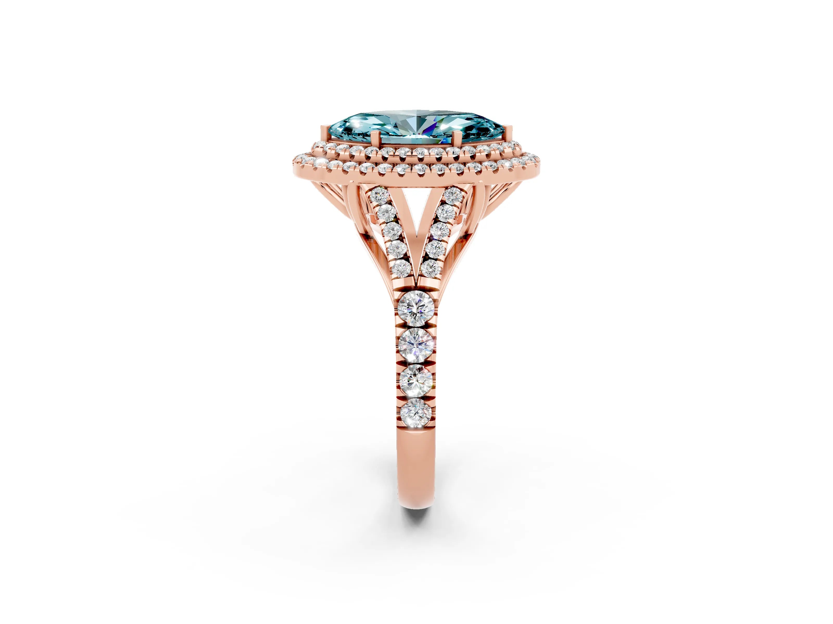 Rose gold Marquise Cut Blue Topaz Double Halo Ring with Split Shank and Prong Setting_14