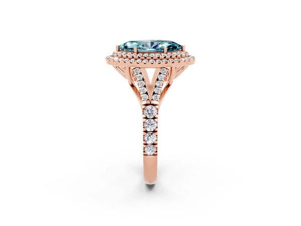 Rose gold Marquise Cut Blue Topaz Double Halo Ring with Split Shank and Prong Setting