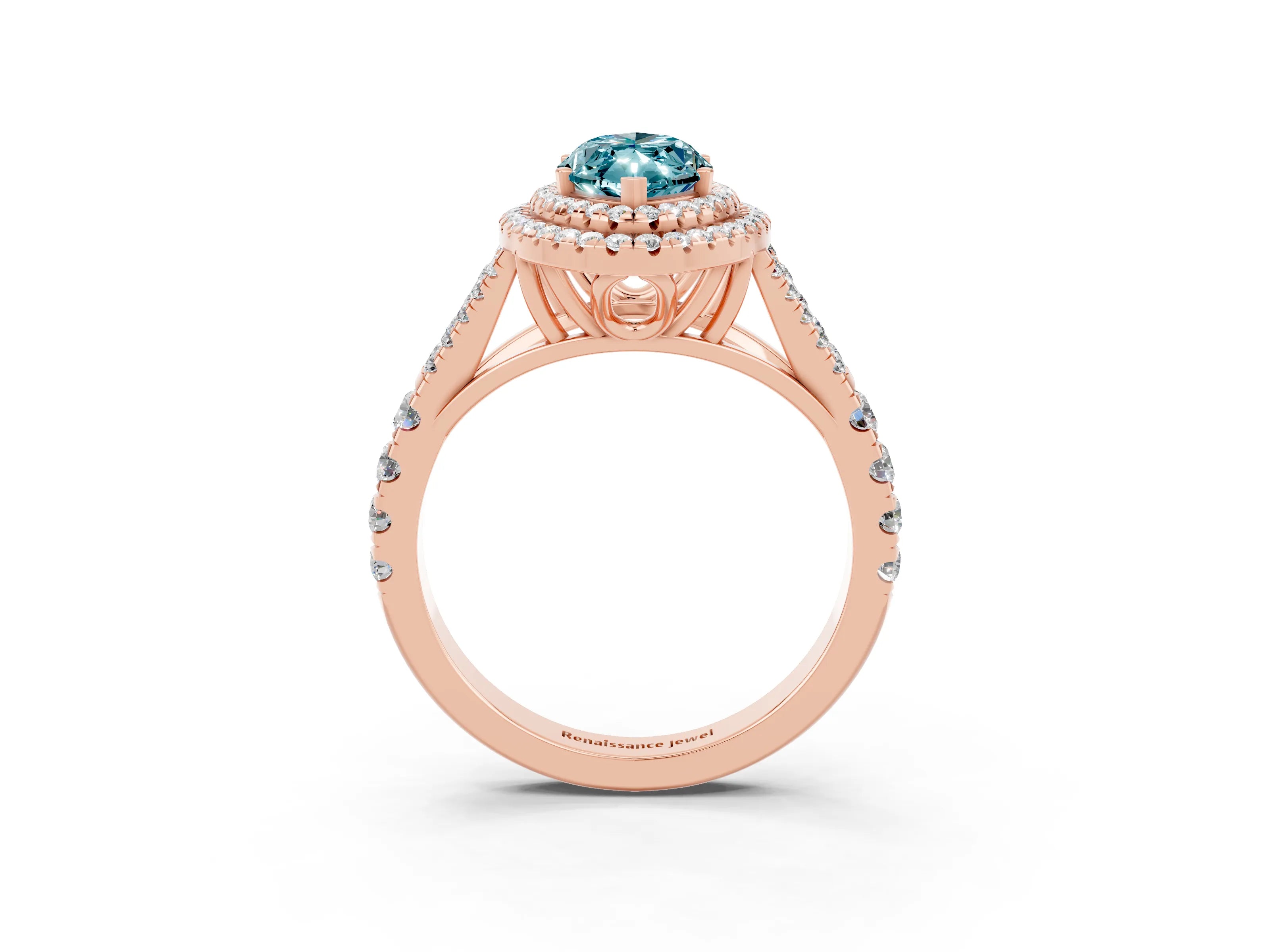 Rose gold Marquise Cut Blue Topaz Double Halo Ring with Split Shank and Prong Setting_15