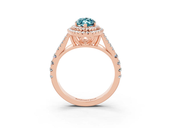 Rose gold Marquise Cut Blue Topaz Double Halo Ring with Split Shank and Prong Setting
