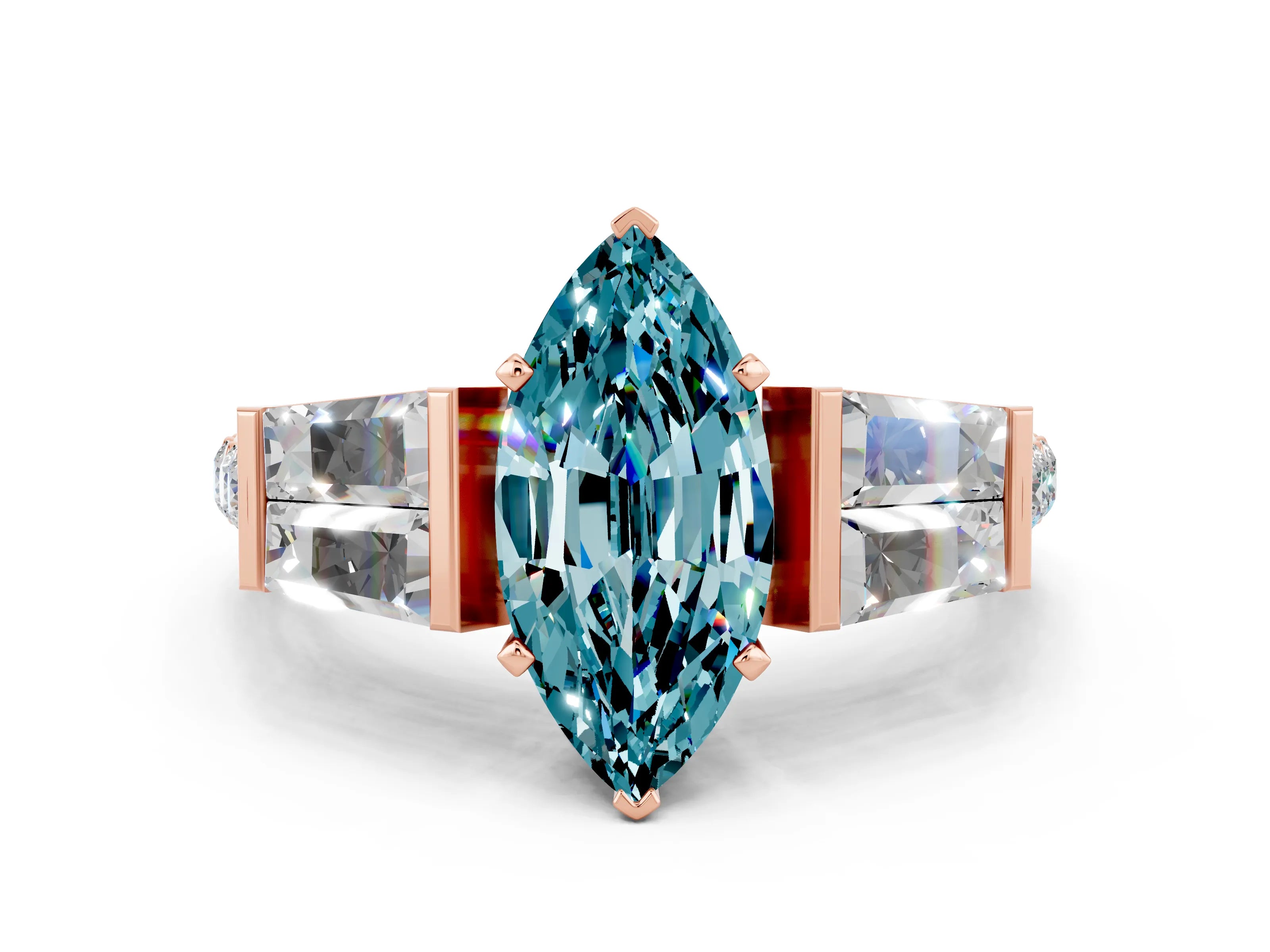 Rose gold Marquise Cut Blue Topaz Engagement Ring with Baguette Side Stones and Channel Set Band