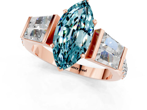 Rose gold Marquise Cut Blue Topaz Engagement Ring with Baguette Side Stones and Channel Set Band_1