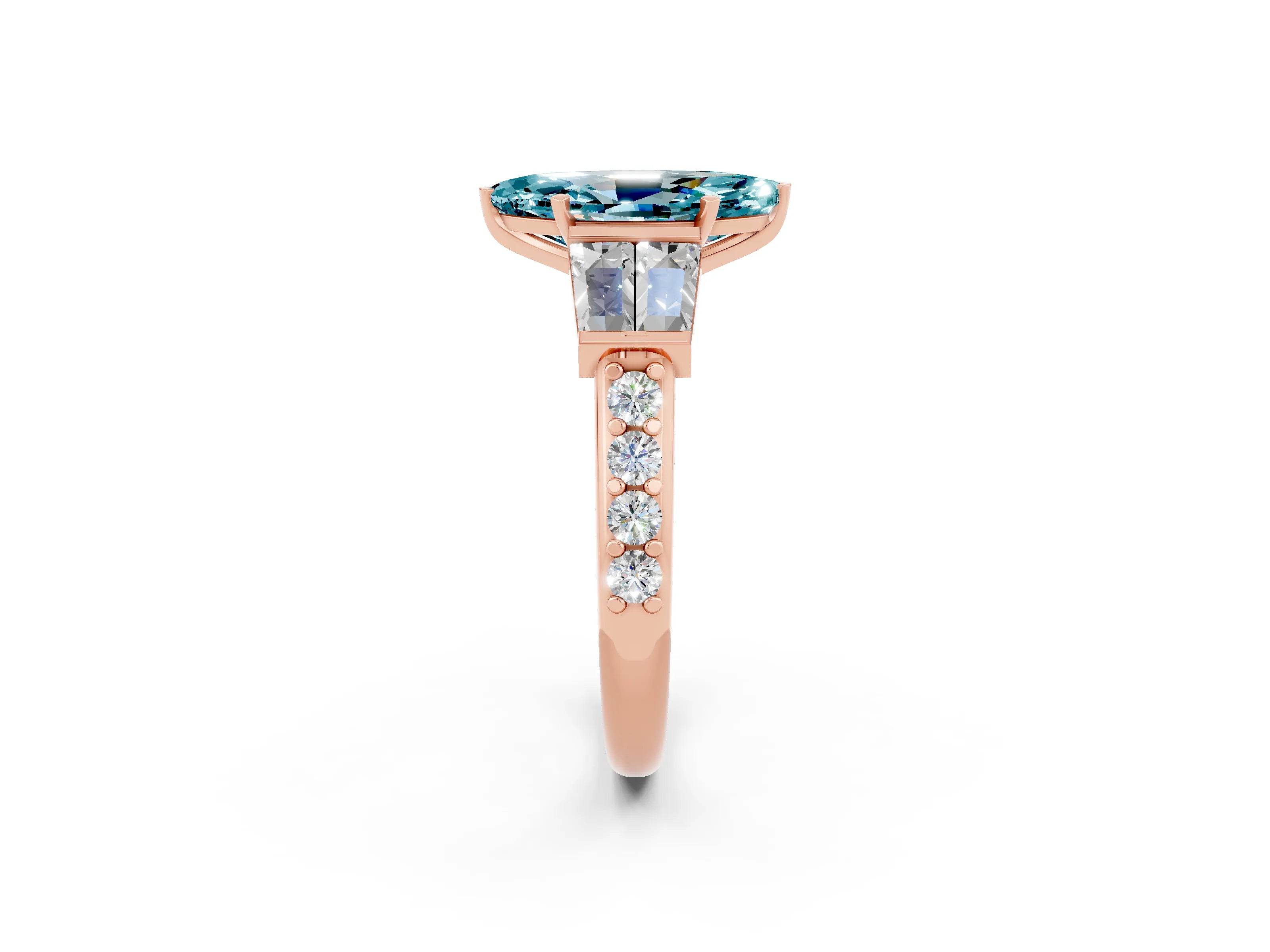 Rose gold Marquise Cut Blue Topaz Engagement Ring with Baguette Side Stones and Channel Set Band_2