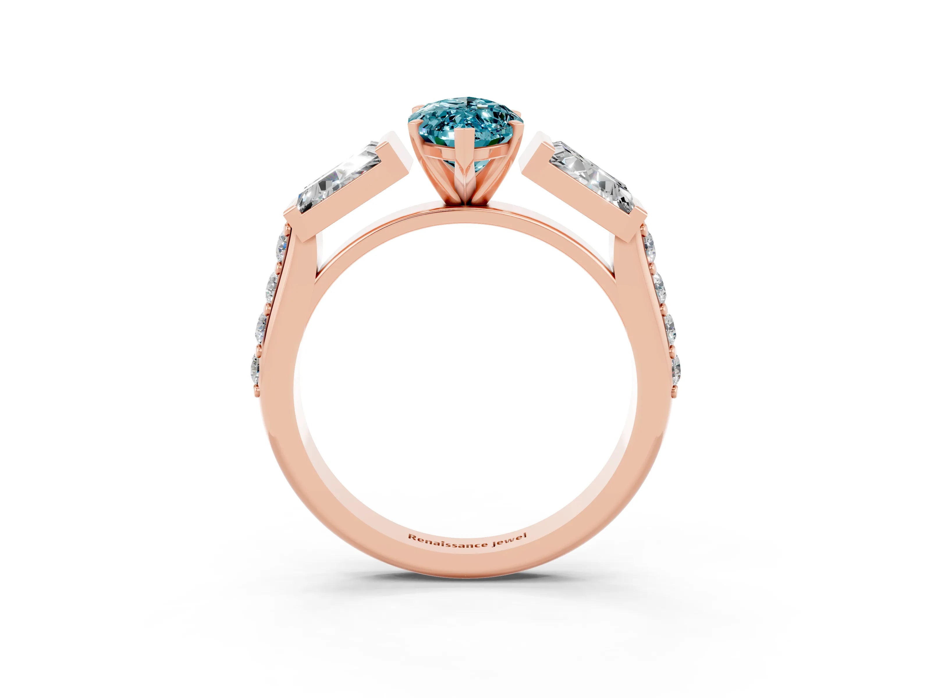 Rose gold Marquise Cut Blue Topaz Engagement Ring with Baguette Side Stones and Channel Set Band_3