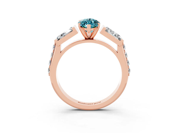 Rose gold Marquise Cut Blue Topaz Engagement Ring with Baguette Side Stones and Channel Set Band