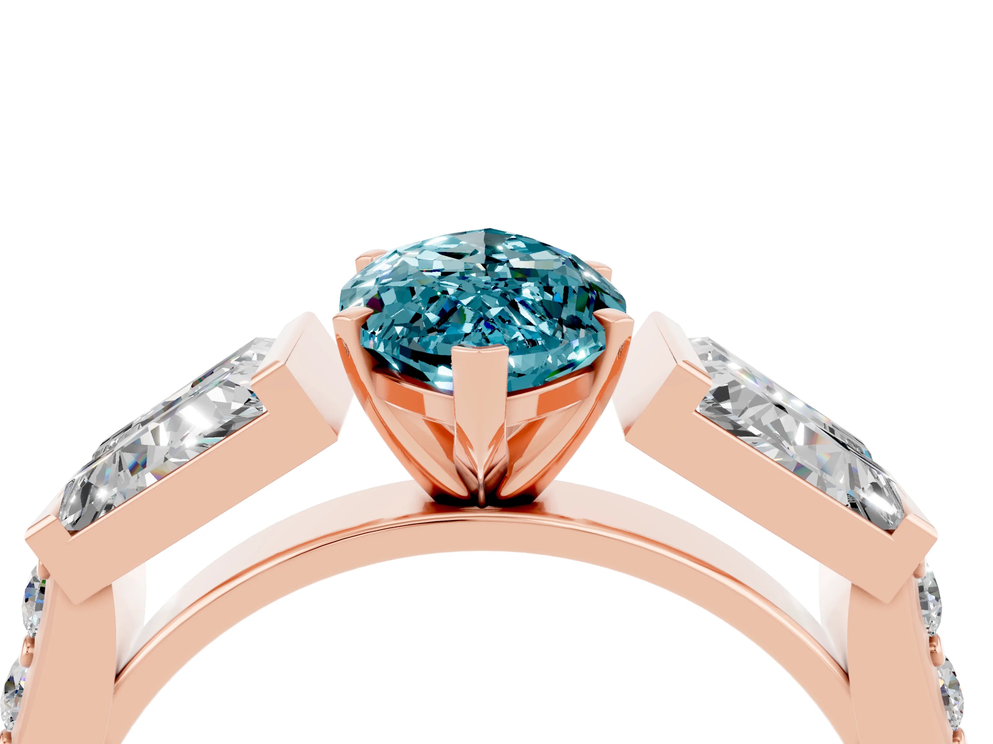 Rose gold Marquise Cut Blue Topaz Engagement Ring with Baguette Side Stones and Channel Set Band_4