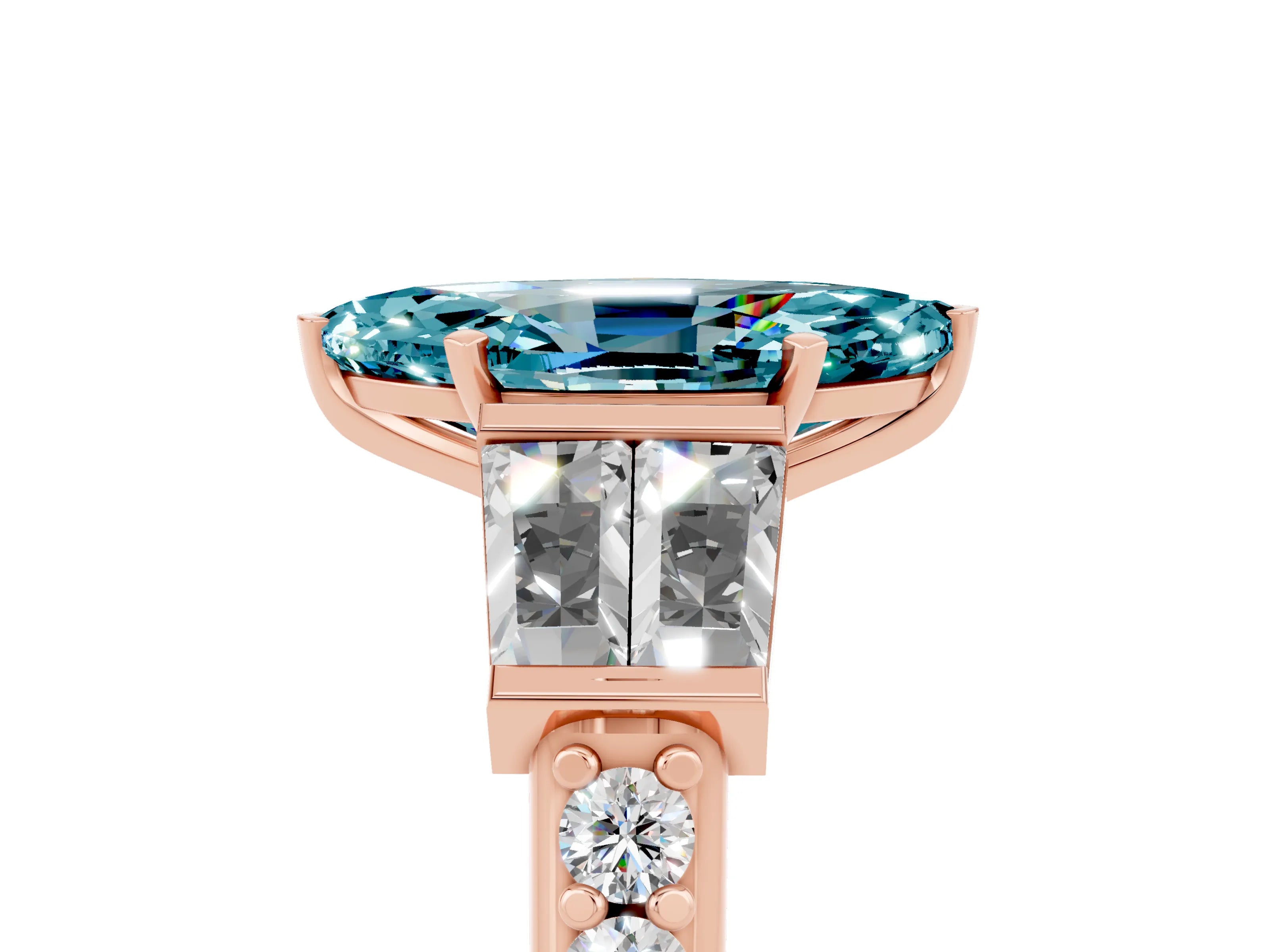 Rose gold Marquise Cut Blue Topaz Engagement Ring with Baguette Side Stones and Channel Set Band_5