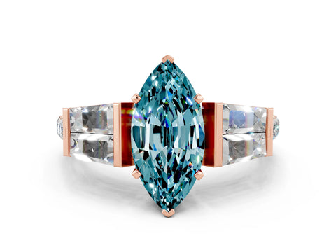 Rose gold Marquise Cut Blue Topaz Engagement Ring with Baguette Side Stones and Channel Set Band